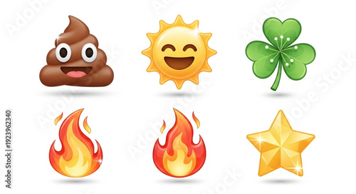 Collection of various emojis including poop sun clover fire and star symbols.