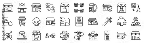 Set of 30 outline icons related to retail. Linear icon collection. Editable stroke. Vector illustration