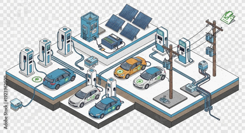 Isometric illustration of electric vehicles charging at a solarpowered station ecofriendly future.