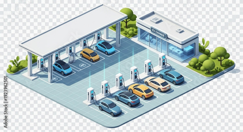 Electric vehicle charging station with multiple cars modern design and sustainable energy focus.