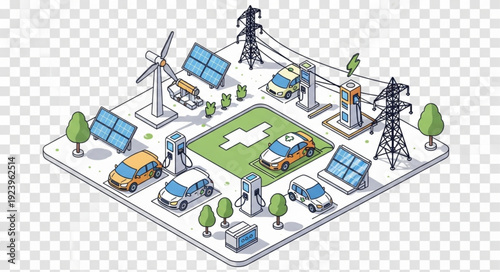 Sustainable energy infrastructure showcasing electric vehicles and renewable power sources for a green future.
