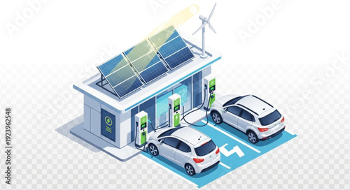 Electric vehicle charging station powered by solar panels and wind turbine.