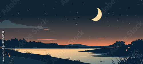 Serene Evening Landscape: A captivating illustration of a tranquil lake scene under a crescent moon, as the day transitions into the calm of night. Reflective waters mirror the soft glow of the moon.