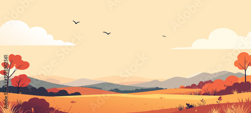 Autumnal Serenity: A panoramic illustration of a serene autumn landscape, depicting rolling hills, colorful foliage, and a tranquil sky, perfect for evoking a sense of calm and natural beauty. 
