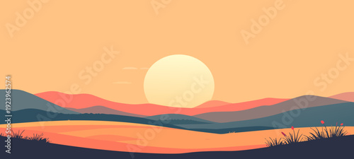 Golden Sunset over Landscape: A serene landscape unfolds under the warm embrace of a golden sunset, painting the sky and terrain in hues of orange and red, evoking tranquility and awe.