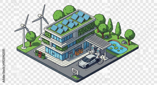 Sustainable energy building with solar panels wind turbines and electric car charging station.