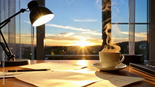 Cozy Workspace at Sunset with Steaming Coffee Cup and Lamp on Desk