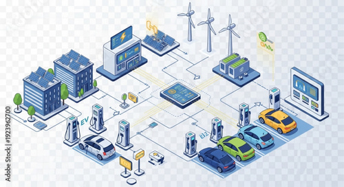 Sustainable energy infrastructure with electric vehicles and renewable sources.