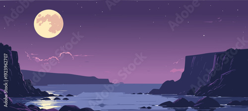 Serene Moonlit Cove: A breathtaking vista unfolds as the moon casts its radiant glow upon a tranquil cove, evoking a sense of calm and wonder. 