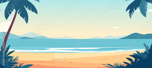 Tropical Beach Scene: An idyllic vista of a tropical beach unfolds, with serene turquoise waters meeting the golden sands under a clear, pastel sky, framed by swaying palm trees. 