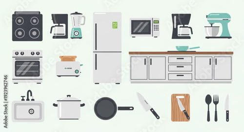 Kitchen appliances and utensils arranged on a white background, cooking and food preparation.