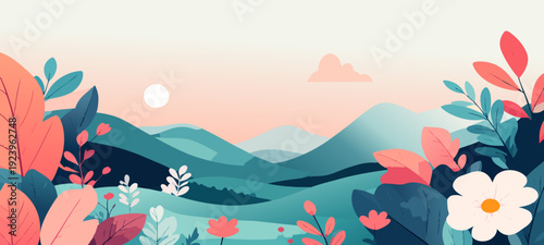 Serene Landscape: A tranquil illustration captures a breathtaking panoramic view of rolling hills, lush foliage, and delicate blooms, evoking a sense of calm and the beauty of nature.