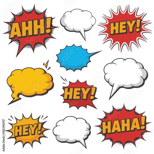 A colorful collection of comic book speech bubbles and thought clouds in various shapes and sizes