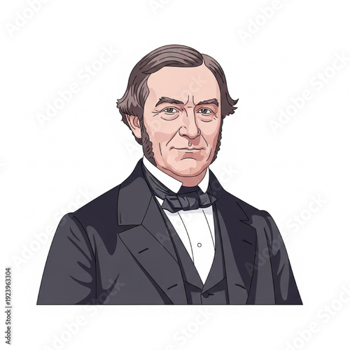 Minimalist Vector Portrait of Benjamin Harrison in 19th-Century Suit and Bow Tie, Flat Design