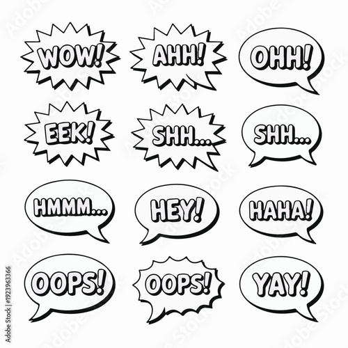 A set of comic book style speech bubbles with various expressions