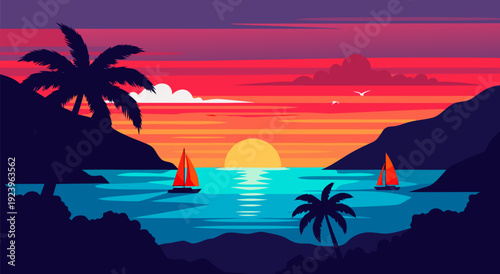 Vibrant Vector Illustration of a Tropical Sunset with Sailboats on the Ocean and Palm Trees