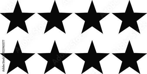 Set of black five pointed star silhouettes isolated on white background, simple geometric symbol collection for rating, badge, icon and design use