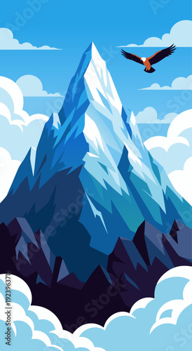 Majestic Snowy Mountain Peak Illustration in a Sky with Clouds and an Eagle, Vector Art