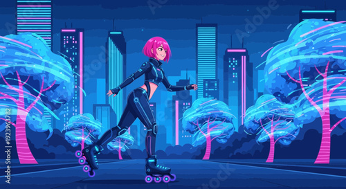 Dynamic rollerblading action of a woman with vibrant pink hair.