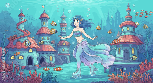 Enchanting anime girl with flowing blue hair and dress.