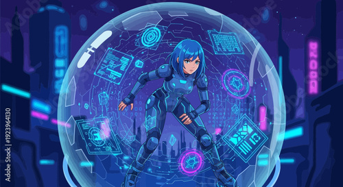 Futuristic Female Character in Protective Bubble with Digital Interface.