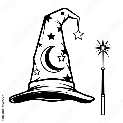 A black and white image of a magic hat and wand
