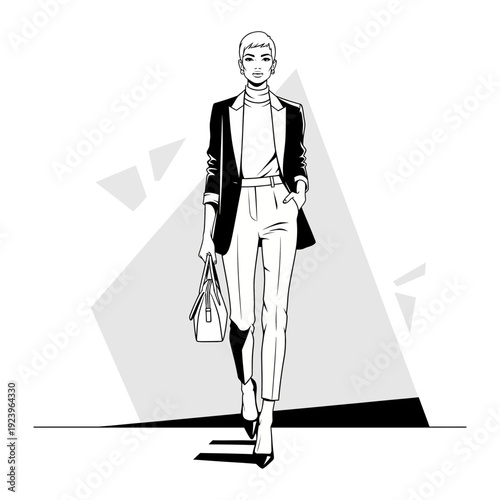 A woman in a black blazer and white pants walks in front of a geometric background