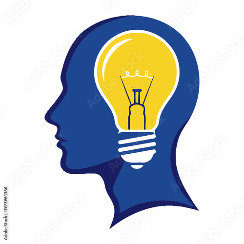 A blue silhouette of a human head with a lightbulb