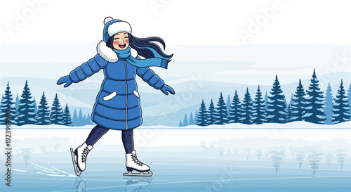 Joyful Young Woman Ice Skating with a Bright Smile.