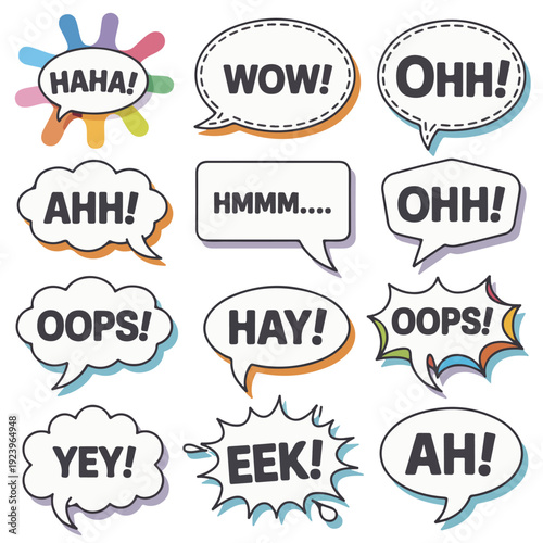 A colorful collection of speech bubbles and thought clouds in various shapes and sizes