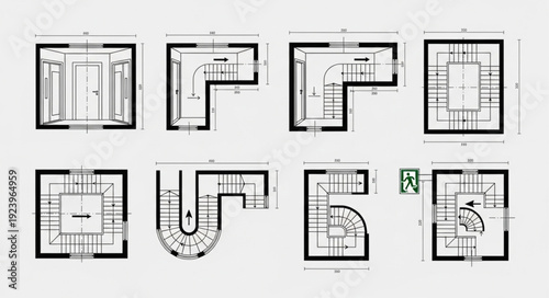 Architectural floor plans showcasing diverse room layouts and structural designs for buildings.