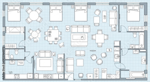 Detailed architectural floor plan showcasing multiple rooms and furniture arrangements for a building.
