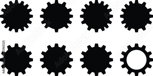 Set of gear and cogwheel silhouettes isolated on white background, black mechanical engineering icons collection for industry, technology and machinery design use