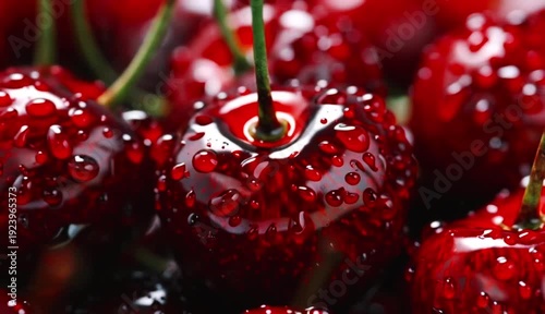 Fresh Red Cherries Macro with Water Droplets – Juicy Fruit Close-Up