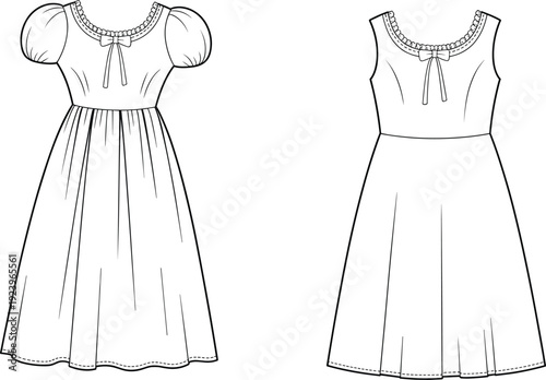 Black and white fashion of two women's dresses, one with short puff sleeves and a gathered neckline, the other sleeveless with a similar neckline