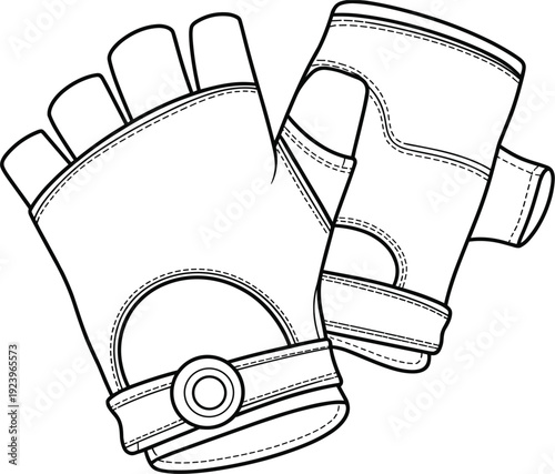 Black and white line of a pair of fingerless gloves with a circular buckle detail on the wrist strap and stitched accents