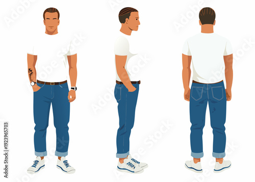 Three views of a man in casual clothing front side and back