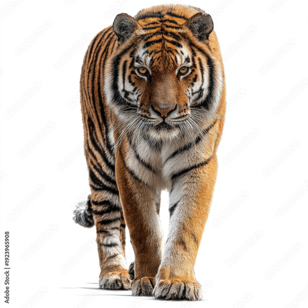 Fototapeta premium Tiger walking forward with intense gaze on white background