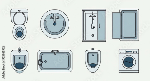 Bathroom fixtures and appliances, including toilet, sink, shower, and washing machine.
