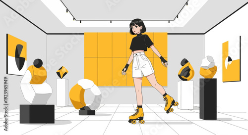 Stylish young woman on roller skates enjoying an art gallery visit.