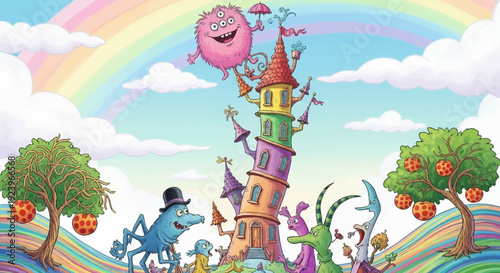 Whimsical cartoon tower with various characters and a floating pink creature.