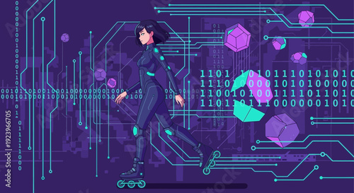 Woman rollerblading in futuristic digital environment.