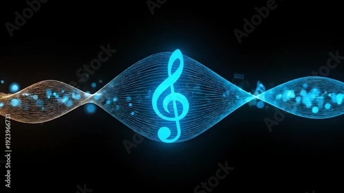 Abstract glowing blue treble clef symbol centered within a vibrant digital sound wave visualization