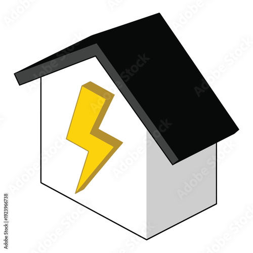 3D house with black roof and yellow lightning strike on white wall icon