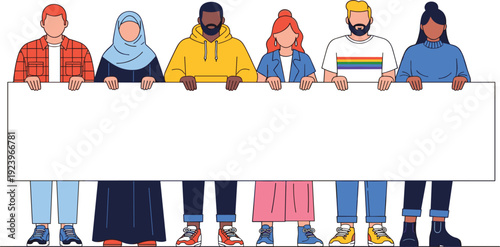 Diverse People Holding Blank Banner Multicultural Community Team Standing Together for Social Awareness Protest Advertisement or Announcement Vector Illustration