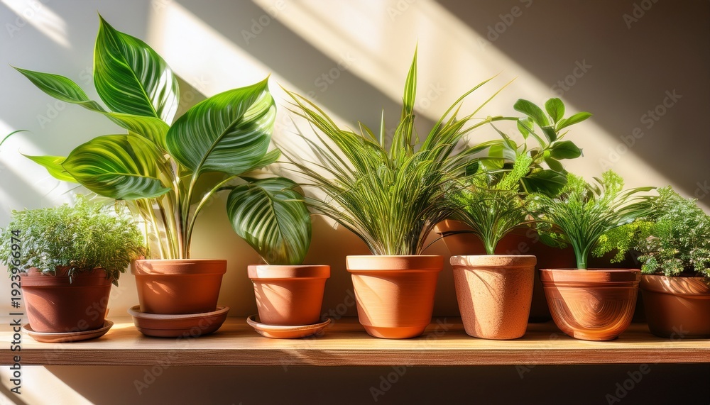 Fototapeta premium sunlit green plants in terracotta pots on wooden shelf