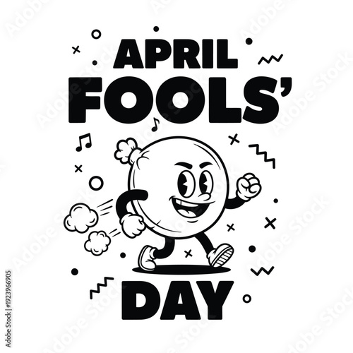 April Fools Day black and white cartoon water balloon character running with motion lines and confetti. Funny illustration celebrating pranks and jokes on April 1st.