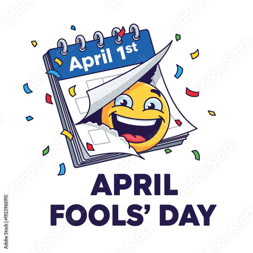 April Fools Day black and white cartoon calendar page peeling back to reveal a smiling face, with confetti. Fun illustration for April 1st pranks and jokes.
