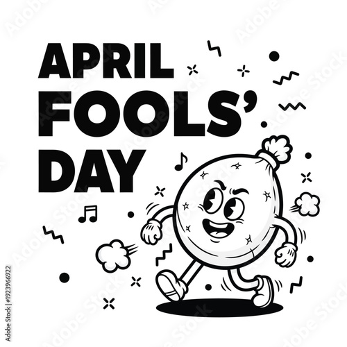April Fools Day black and white cartoon excited water balloon character running with musical notes and confetti. Funny illustration for pranks and jokes on April 1st.