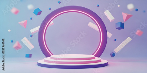 Futuristic Neon Podium Stage Background with Glowing Ring and Floating Geometric Shapes for Product Display, Presentation, and Modern Showcase Design